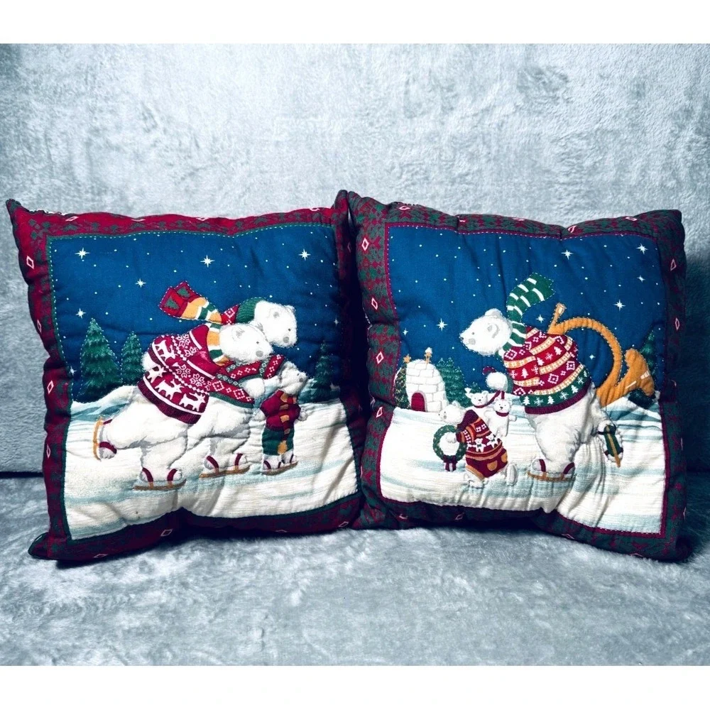 Polar Bear Christmas Vintage Throw Pillows‎ Set of 2 Quilted Reversible 12x12
